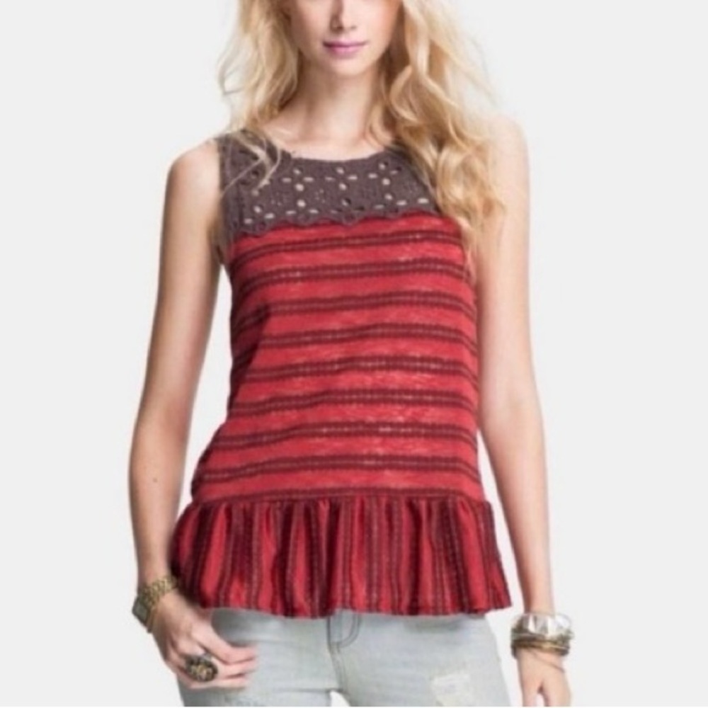 Free People Women Red Brown XS Molly Retro Peplum Lace Top Eyelet Stripe Boho